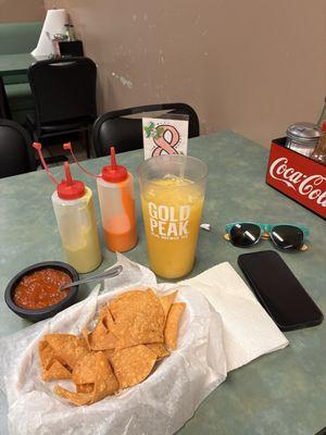 Mango agua fresco, hot fresh chips and many salsas
