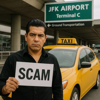 A stern-faced man with slicked-back hair stands in front of a yellow taxi at JFK Airport Terminal C, holding a sign that reads "SCAM."