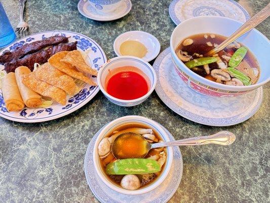 Wonton soup, beef, potstickers, fried wontons, and spring rolls.