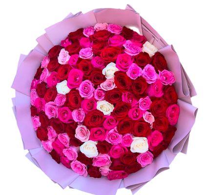 100 long stem roses (pink,white and red)