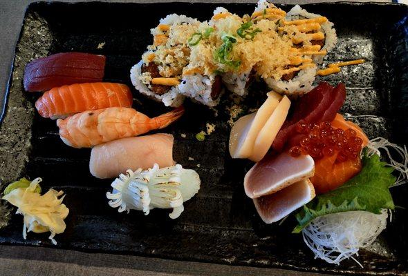 Sashimi and spicy tuna sushi