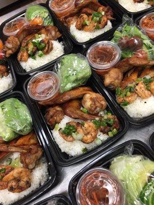 Grilled Chicken Wings and Shrimp with Jasmine Rice
