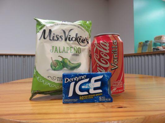 In a rush? We have a ton of snacks to grab and go! Tons of types of chips, sweet treats like cookies and poptarts, and gum!