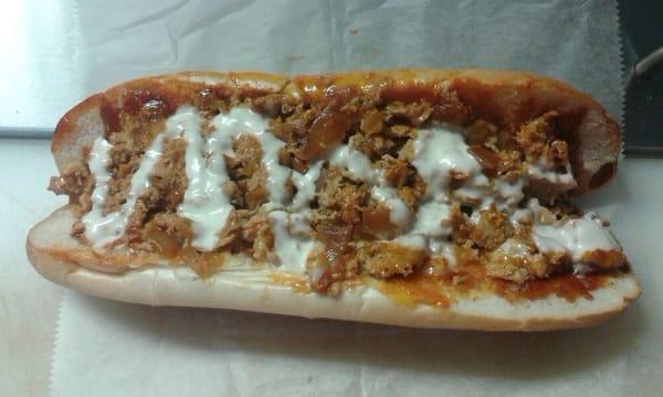 The Chicken Rancher:
A hot or mild buffalo
Chicken cheesesteak
Cooked with fried onions,
With bbq sauce and topped with ranch dressing.