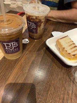 Iced Americano with Almond Milk, Iced Mocha and grilled cheese