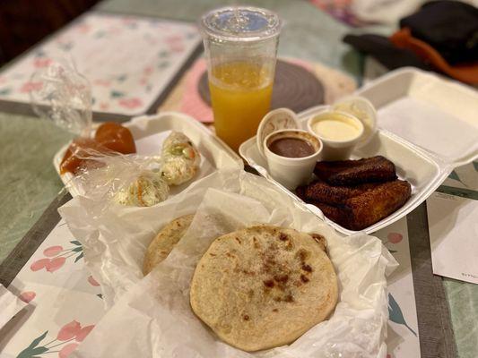 Pupusas w/ curtido and salsa roja, platanos fritos, and maracuya (passion fruit)