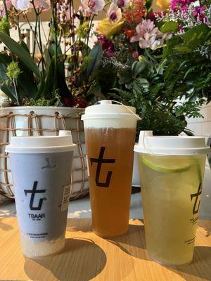 Left to right: Taro smoothie with lychee, sea salt milk foam green tea, lychee lime green tea