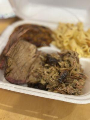 Brisket & pork platter with Mac and Cheese & Brisket Beans