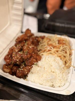 Orange chicken, steamed rice and pan fried noodles (sooo crispy and good!)