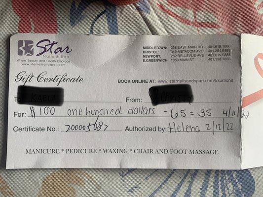 35$ left on certificate