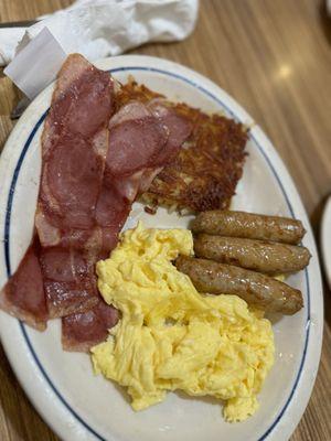 2 Eggs, Turkey Bacon Strips, Turkey sausage and hash browns