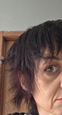 Hair at the nape is longer, by far, than the sides. Not blended.