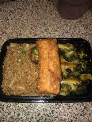 Broccoli With Garlic Sauce and Vegetable Fried Rice and a Shrimp Roll
