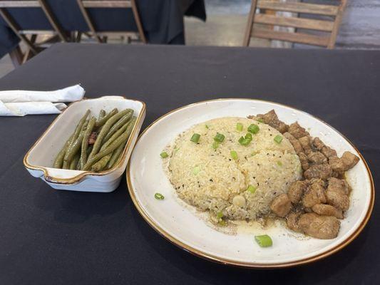 Dinuguan with Garlic-butter rice and a side order of green beans.