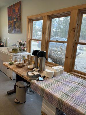 Coffee station and towels waiting for the cinnamon rolls