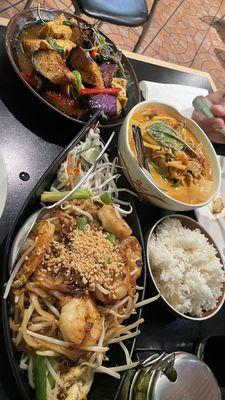 Roasted duck curry & N1. Pad Thai Noodle and V9. Spicy Basil Eggplant with Tofueggplant