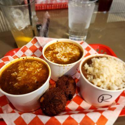 Red beans and rice, chicken gumbo, seafood gumbo