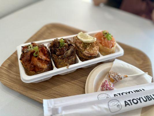 Grilled Spicy Pork / Grilled Bulgogi / Lemon Pepper Salmon / Fresh Salmon. YUMM!!