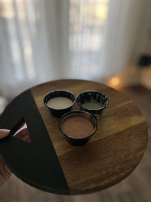 Sauces included! So delicious. I'd request extra sauces if you're a saucy person!