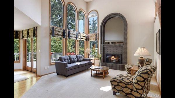 Living room with cathedral windows