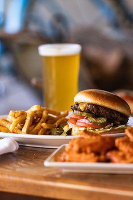 burger and beer and fries