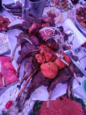 Lamb chops, chicken, and pork