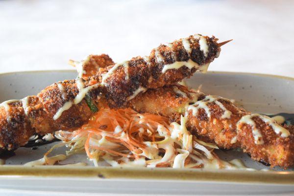 Fried Bay Scallops & Zucchini
Panko Breaded with Wasabi Aioli and Soy Reduction.