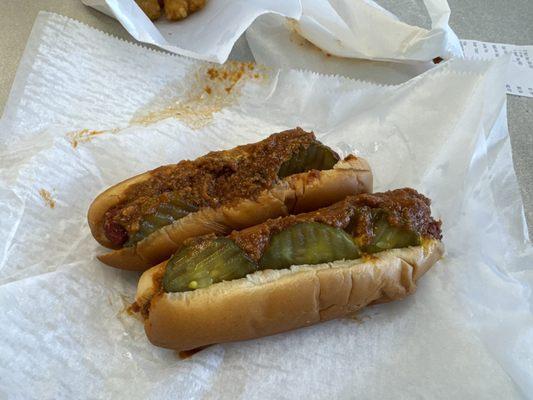 Hot dogs- chili & pickles