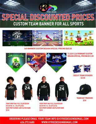 CUSTOM TEAM BANNER AND SPORTS APPAREL SPECIAL DISCOUNT PRICING