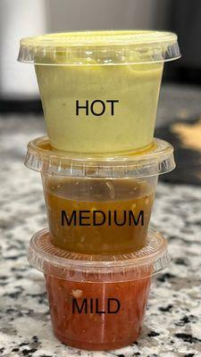 Mild tastes like tomato and not much else. Hot is very hot. Put hot on my food and all I could taste after was pepper. Medium is decent.