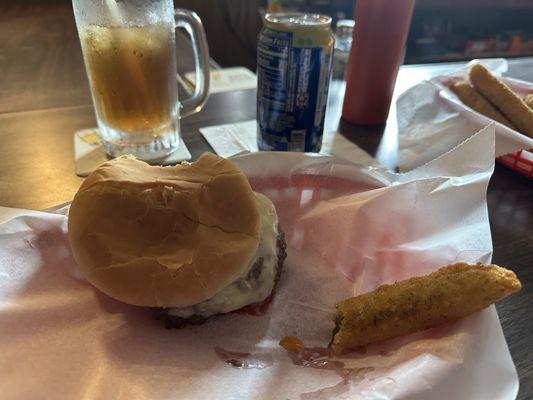 Rodeo burger and fried pickle