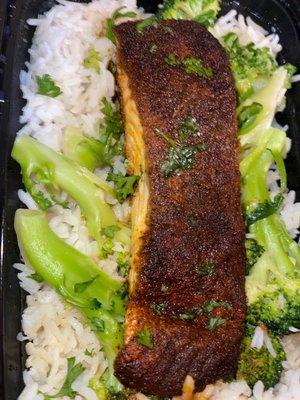 Blacken salmon rice and broccoli