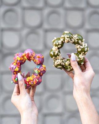 matcha and ube mochi donuts
