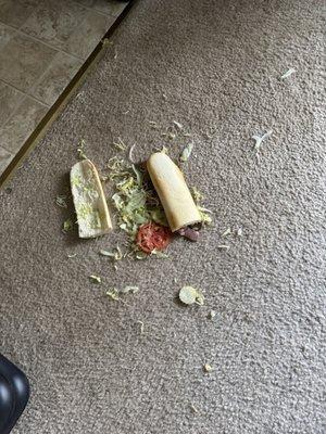 1/2 Roast Beef sub on carpet