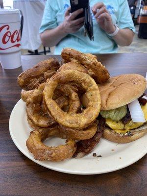 Bacon Cheeseburger with a onion ring substitution for $1.50. Worth every cent.