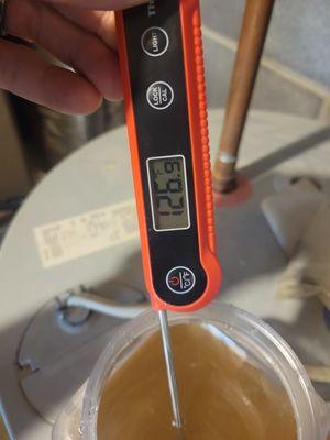 Testing water temperature of existing water heater before replacement to allow new water heater to be set to match.