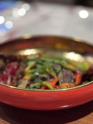 Chili oil braises beef. I asked if it was braised tender, and was assured it was. However it was not really tender at all.