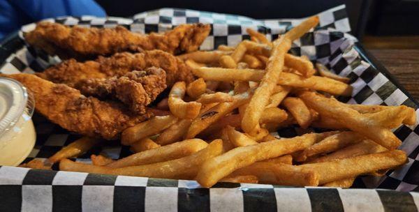 Tenders tossed in Buffalo sauce with fries