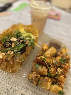 Bánh tráng trộn+cuốn tắc mỡ khô bò+trà sữa truyền thống