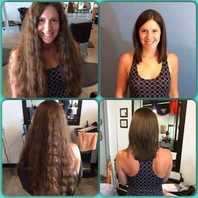 I cut 14 inches off of my hair to donate, along with a keratin treatment. I love my new cut. Thank you Charlsie!