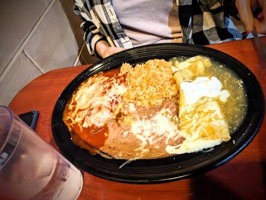Cheese enchilada and chili relleno plate red and green sauce
