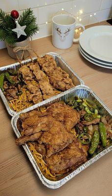 Chow main, broccoli, chicken leg, crispy chicken sticks, spicy chicken & Serrano peppers