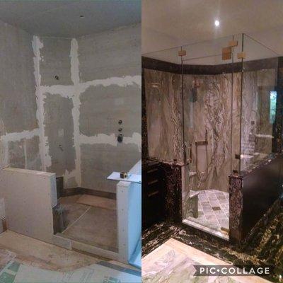 Before and after photos of shower remodel