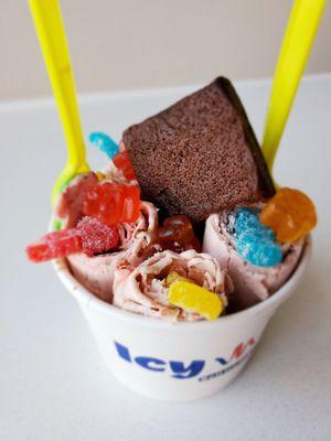 Strawbella with Sour Patch, gummy bears, and a brownie