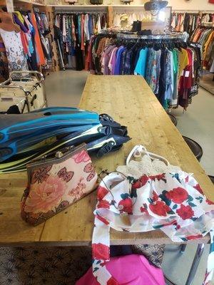 score! Vintage purse, fins and a cute new born dress and some plumeria hair pin souvenirs and necklace