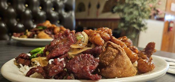 Combo A, Mongolian Beef and Sichuan chicken