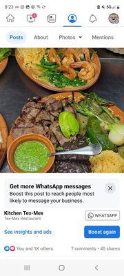 Carne asada y shrimp al ajillo con spinach