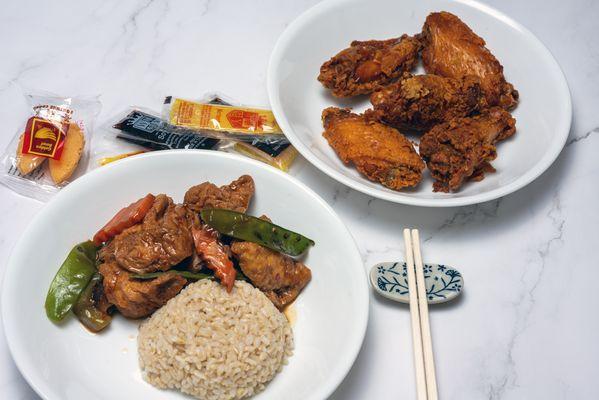 Top right: Spicy Wings
Bottom left: A portion of an order of Home Style Tofu (deep fried) and brown rice.