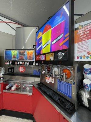 Slurpees and several sodas to choose from