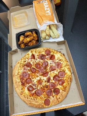 Pepperoni pizza, Buffalo wings, crazy bread